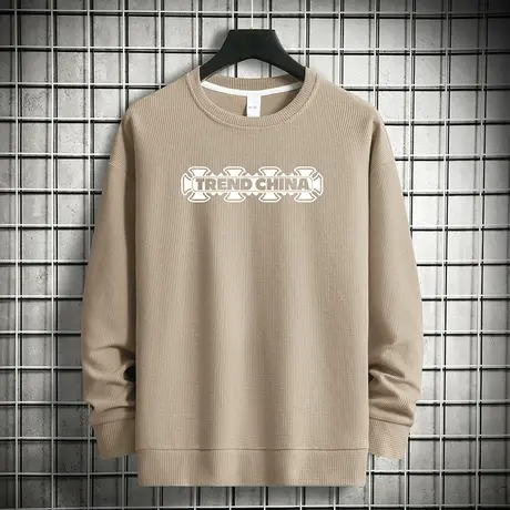 华夫格卫衣男潮牌2023秋季新款中国潮流宽松圆领套头无帽长袖t恤商品大图