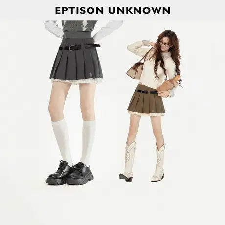 EPTISON半身裙女2025秋季新款复古好看学院风高腰A字灰色百褶短裙商品大图