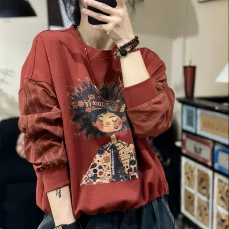 2025秋季新款印花时尚女孩圆领卫衣女拼接棉质条纹套头长袖上衣潮图片