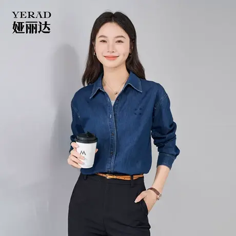 娅丽达复古翻领刺绣牛仔衬衫女秋季新款上衣宽松长袖外套蓝色衬衣商品大图