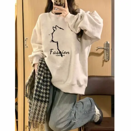 花灰色圆领猫咪长袖卫衣女2025秋冬款宽松慵懒风加绒加厚重磅上衣商品大图