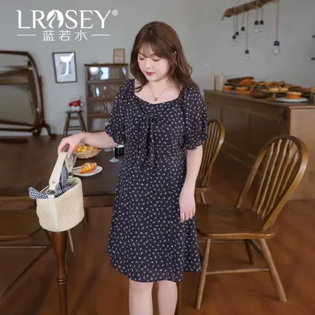 蓝若水大码甜美方领碎花中裙胖mm夏装盐系穿搭显瘦遮肚雪纺连衣裙图片