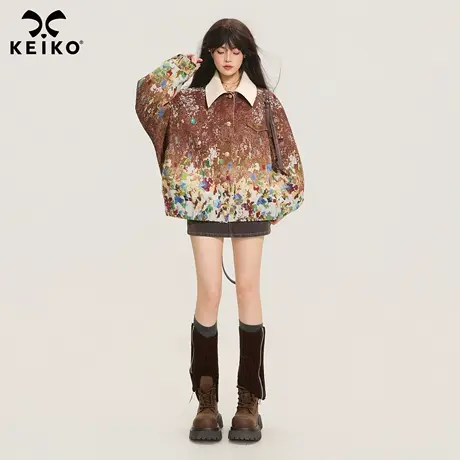 KEIKO 巴恩风复古提花短外套女25秋季高级感撞色翻领廓形休闲夹克商品大图