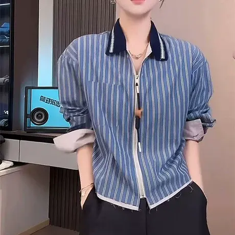欧货2025秋季新款时尚休闲百搭撞色拼接条纹纯拼接衫外套女潮商品大图