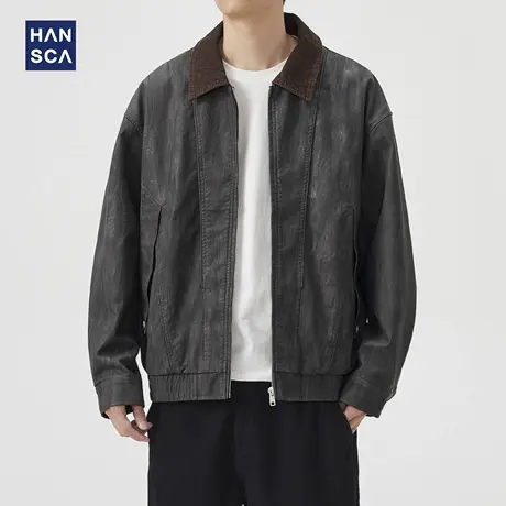 hansca复古撞色灯芯绒小翻领夹克男2025秋季新款宽松顺滑拉链外套商品大图