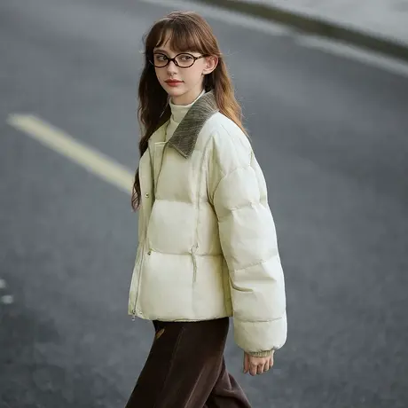 唐狮2025冬季女撞色灯芯绒领子超短款羽绒服简约时尚高级感气质商品大图