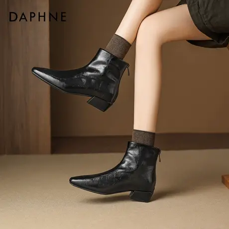 达芙妮黑色粗跟短靴女2026新款秋冬尖头靴子英伦风马丁靴瘦瘦靴子商品大图