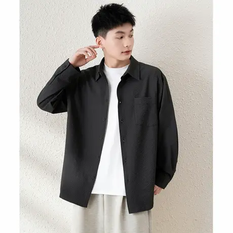 唐狮春新款长袖衬衫男日系港风宽松衬衣青少年纯色衬衫外套TM图片