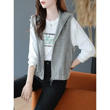 宝诗黎连帽短款马甲外套搭配拉链开衫背心2023秋季新款宽松上衣女商品大图