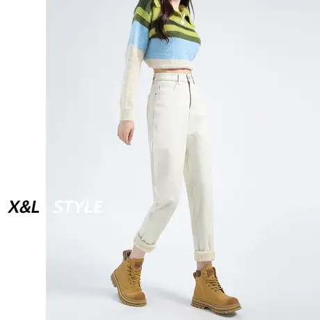 杏色哈伦牛仔裤女秋冬2023年新款加绒显瘦萝卜宽松设计感老爹裤子商品大图