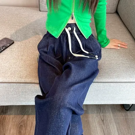 蓝色牛仔阔腿裤女春秋季2023年新款宽松高腰显瘦窄版直筒拖地裤子商品大图