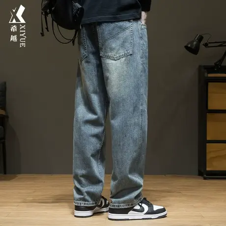 希越美式复古直筒牛仔裤子男士秋冬季加绒加厚宽松大码潮流长裤子商品大图