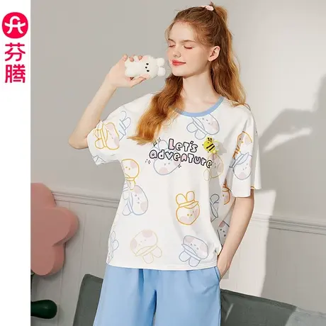 芬腾睡衣女夏季薄款圆领纯棉短袖短裤卡通韩版可外穿家居服套装图片