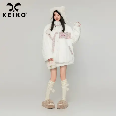 KEIKO [夹棉]仿兔毛绒棉衣棉服2023秋冬花呢拼接羊羔毛毛茸茸外套商品大图