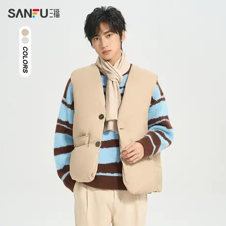 三福2023冬男士纯色蓬松廓形羽绒马甲 保暖宽松V领外套477122商品大图