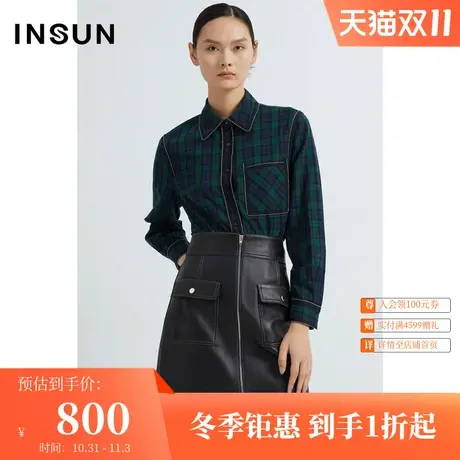 恩裳春秋季经典落肩设计苏格兰磨毛格子纯棉衬衫女图片