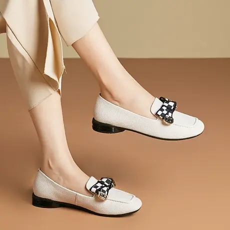 真皮低跟舒适百搭女鞋2023新款浅口粗跟方头气质温柔蝴蝶结乐福鞋商品大图