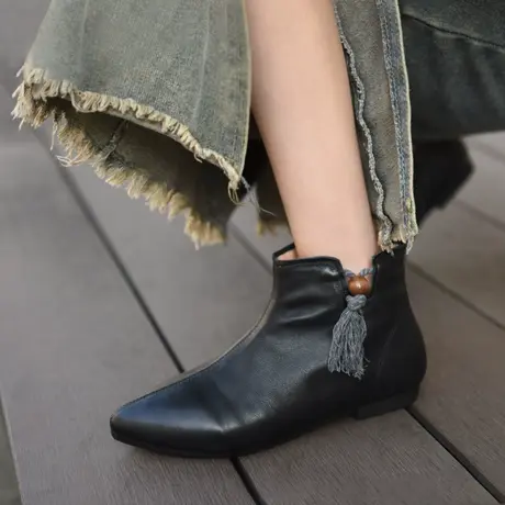 Artmu阿木原创尖头平底短靴女2023新款春秋单靴显瘦真皮流苏踝靴图片