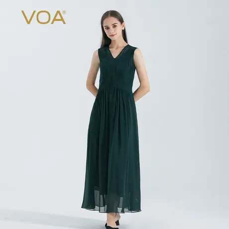 VOA孔雀绿双层乔其桑蚕丝V领风琴褶无袖绑带宽松轻盈真丝连衣裙图片