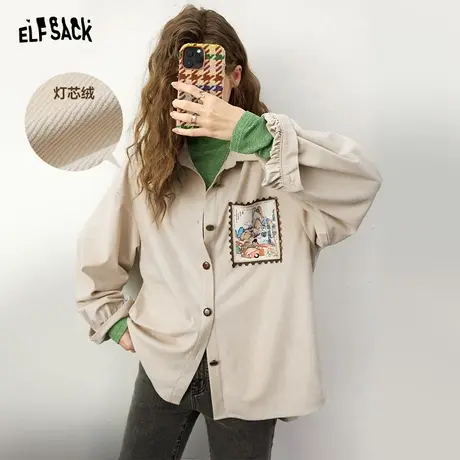 妖精的口袋长袖衬衫外套女2023冬季新款灯芯绒非正式学院风衬衣图片