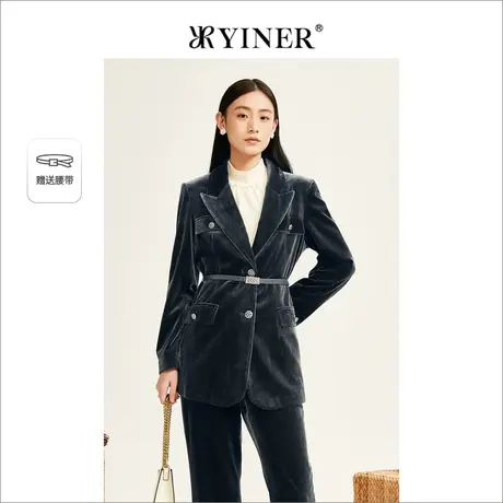 *YINER音儿奥莱女装冬修身西装领丝绒短外套图片