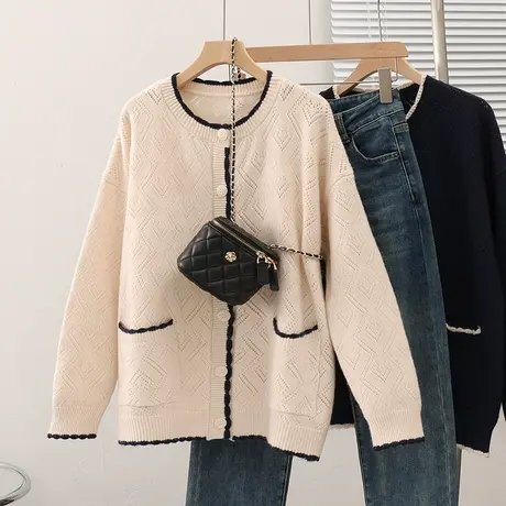 23070款韩版宽松圆领纯色长袖针织衫外套上衣毛衣开衫女百搭图片