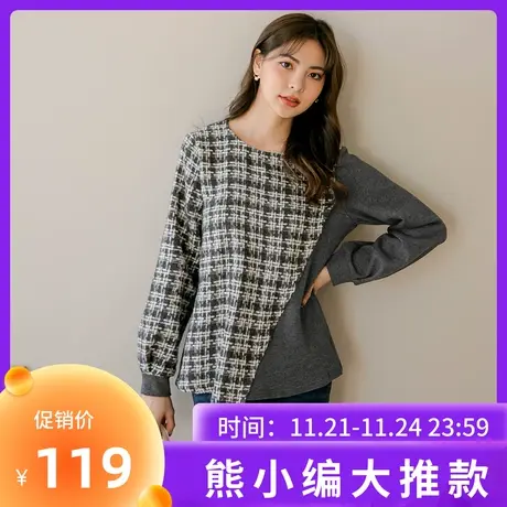 桔熊秋冬季温暖宽松长袖不对称下摆格子衫拼接卫衣女大码AB16650图片
