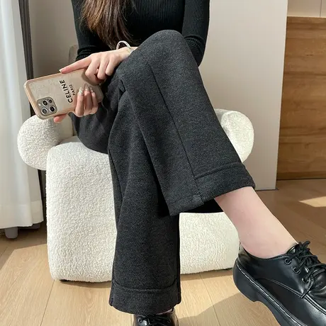 羊绒毛呢阔腿裤女秋冬季加厚高腰直筒小个子九分休闲保暖西装裤子商品大图