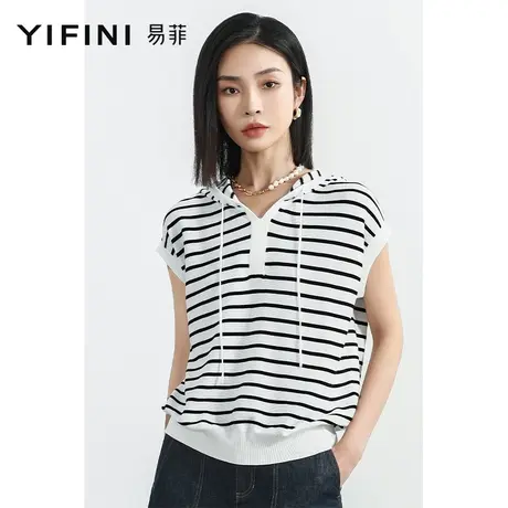 Yifini/易菲条纹宽松毛织无袖马夹女0夏装新款连帽套头针织衫商品大图