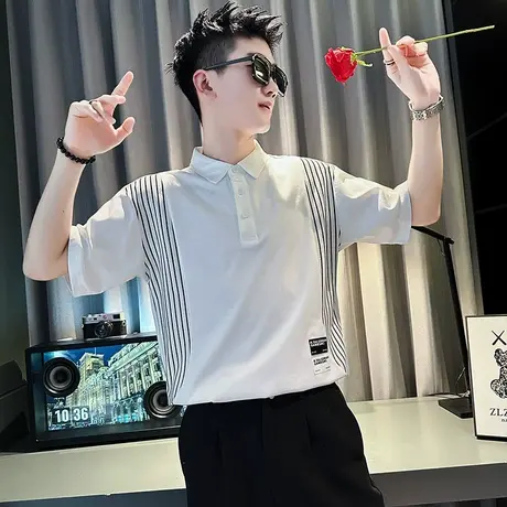 衬衫领polo衫男装小众设计感夏季短袖潮牌时尚条纹拼接T恤半袖商品大图