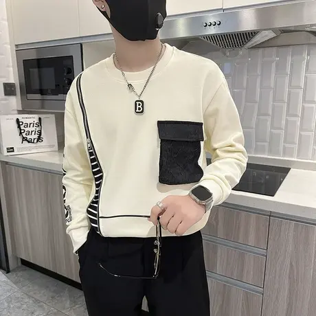 个性卫衣秋季新款长袖T恤衫拼接拉链设计感痞帅发型师上衣体恤商品大图