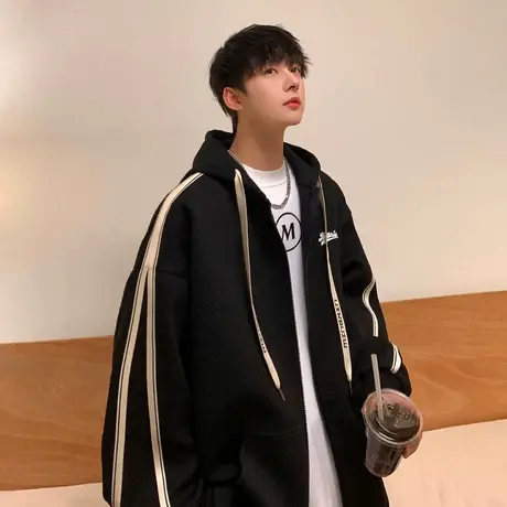 美式潮牌外套男春季2024新款运动连帽开衫卫衣侧边条纹上衣服夹克商品大图