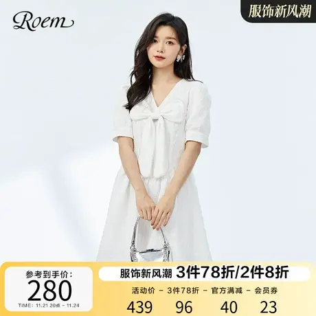 Roem夏季新品纯白色泡泡袖甜美可爱蝴蝶结v领公主中长连衣裙图片