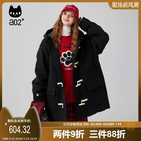 a02非正式学院2025冬季宽松毛呢少女复古感牛角扣带帽中长款大衣商品大图