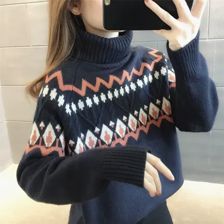 高领毛衣女2023年新款冬季复古撞色针织打底衫宽松加厚洋气学生潮图片