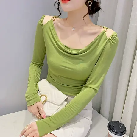 港风性感T恤女长袖心机镂空露肩打底衫内搭洋气欧货设计感上衣潮商品大图