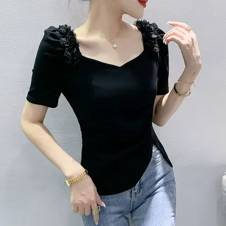 欧货不规则开叉上衣女短袖夏装新款气质泡泡袖T恤百搭方领小衫潮商品大图