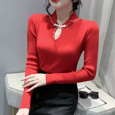 气质旗袍领毛衣女时尚钉珠针织打底衫内搭修身长袖性感镂空上衣冬图片