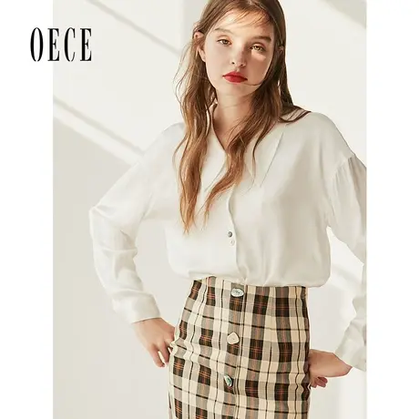 Oece春装新款女装 法式复古女孩职业衬衣落肩雪纺衫长袖衬衫商品大图