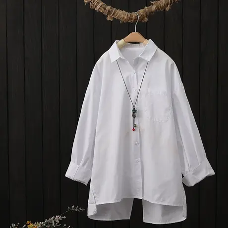 白色衬衫外套女中长款春季2023新款设计感小众不规则宽松纯棉衬衣图片