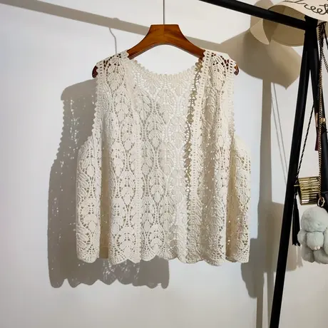 钩花镂空针织背心马甲开衫女夏季新款宽松休闲度假风无袖上衣外穿商品大图