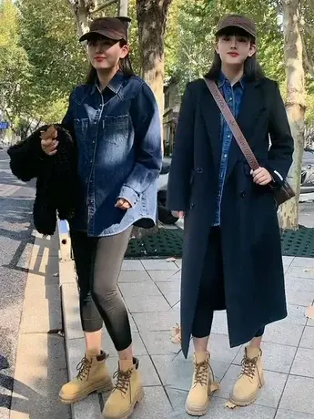 中长款气质撞色加绒牛仔外套衬衫女2023秋冬设计感衬衣服开衫上衣商品大图