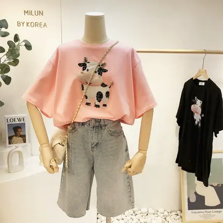 2021夏季新款韩国东大门可爱奶牛短袖水钻亮片体恤打底衫包臀宽松商品大图