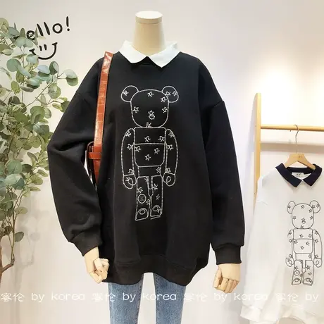 韩国东大门新版加绒polo领卫衣2020秋冬慵懒休闲小熊保暖外套大码图片