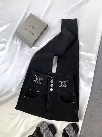 排扣钉珠磨白牛仔小脚裤女2023秋冬新款加绒高腰弹力包臀铅长笔图片