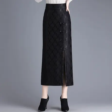 包臀裙女秋季2023新款高腰修身复古筒裙半身裙中长款开叉一步裙子商品大图