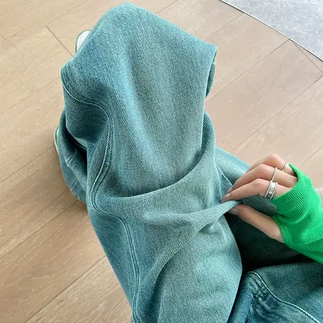 美式复古高腰直筒牛仔裤女秋季新款宽松显瘦设计感撞色阔腿拖地裤商品大图