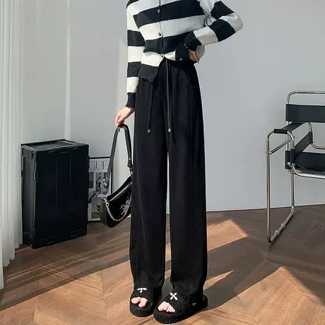 黑色阔腿裤女秋冬2023新款抽绳高腰垂感小个子羊绒窄版香蕉直筒裤商品大图