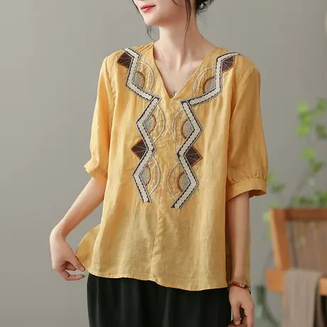 dza文艺复古苎麻衬衫女2023夏季薄款V领衬衣宽松显瘦棉麻套头上衣商品大图