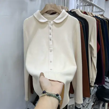 欧货宽松娃娃polo小翻领磨毛加厚双面德绒T恤女秋冬季内搭打底衫图片